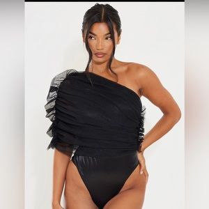 Prettylittlething Black sheer ruffle one shoulder bodysuit